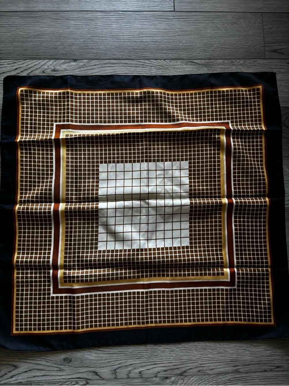 Silk-Feel Brown and Black Geometric Scarf